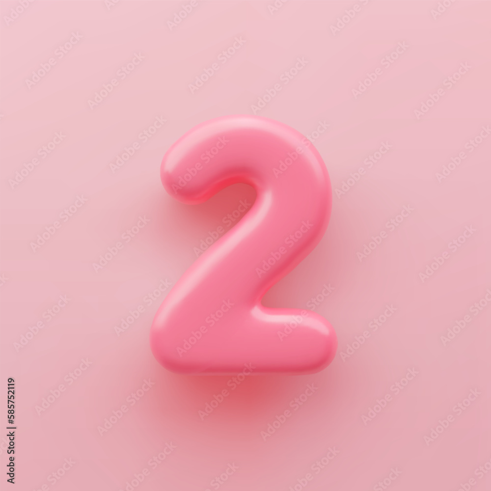 3D Pink number 2 with a glossy surface on a pink background. 3D Pink number 2 with a glossy surface on a pink background.
