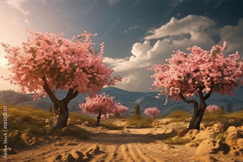 serene country road surrounded by blooming trees. Generative AI