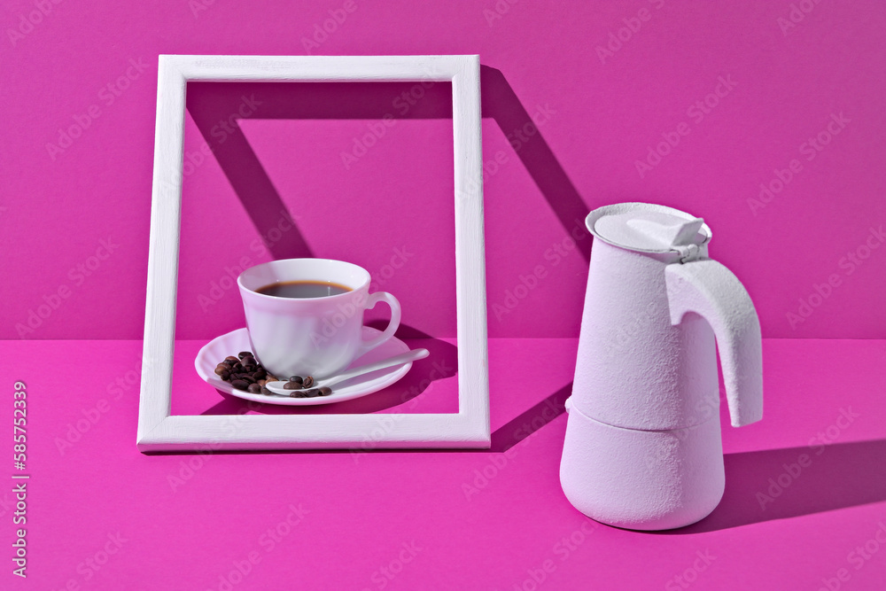 White photo frame on a magenta background. Minimalist concept design. White photo frame on a magenta background. Minimalist concept design.