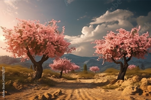 serene country road surrounded by blooming trees. Generative AI © AkuAku