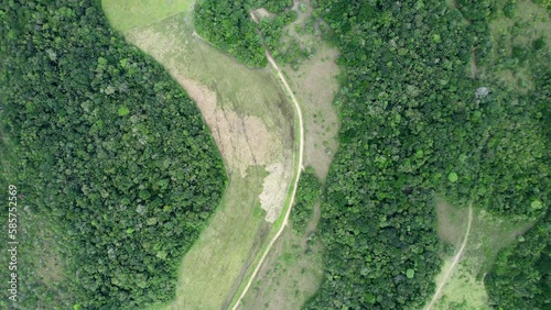 Drone aerial view of Colombian forest shows empty space and fields - Nature in Colombia forest photo
