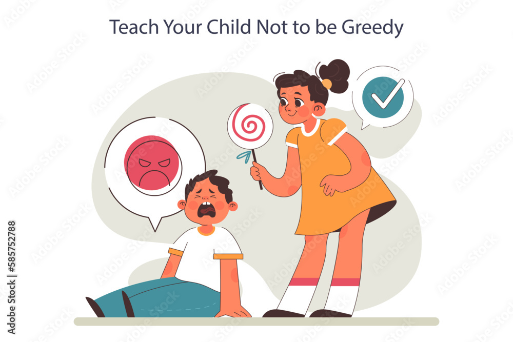 Parenting advice. Parents teaching a child to share or don't be greedy