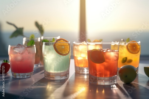 Erfrischende Cocktails mit frischen Früchten. Serviert in einer Bar mit traumhaftem Sonnenuntergang und Meer im Hintergrund. Generative AI. photo