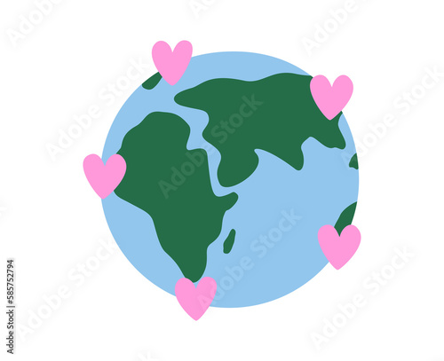 Hand drawn cute cartoon illustration of planet Earth with hearts. Flat vector Earth day, environment protection design sticker in colored doodle style. Ecology sticker, icon or print. Isolated.