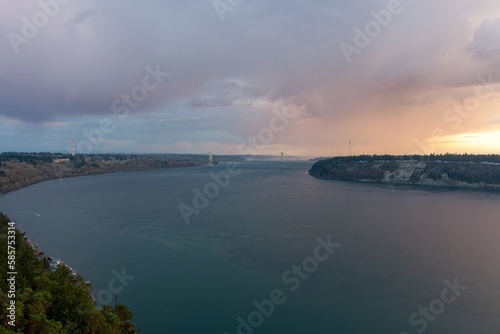 Aerial view of the Tacoma Narrows Bridge over the Puget Sound at sunset 