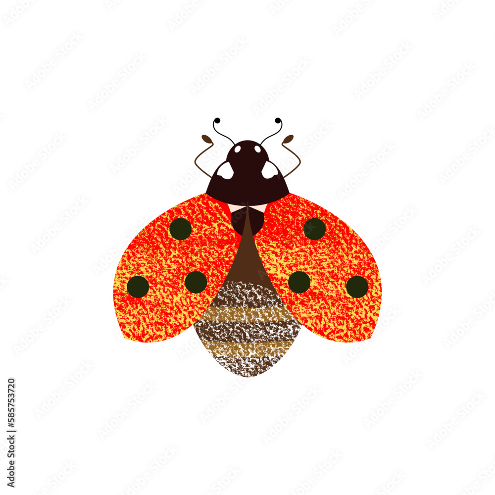 Fototapeta premium Red ladybug beetly with open wings in flight. View from above. Close-up. Сute vector illustration symbol in decorative style with artistic textures on white isolated background. 