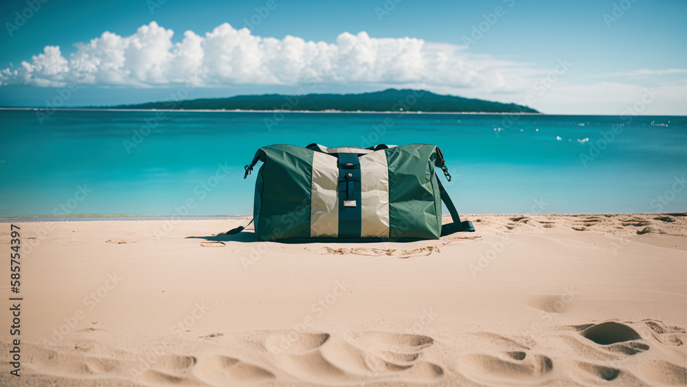 green beige holiday travel bag laying on the sand beach wit view at ocean and island in background at sunny summer day, generative AI green beige holiday travel bag laying on the sand beach wit view at ocean and island in background at sunny summer day, generative AI