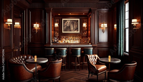A sophisticated whiskey bar with leather armchairs  dark wood paneling  and a marble-topped bar.  Generative AI