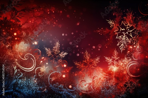 festive background with red and blue colors and snowflakes. Generative AI