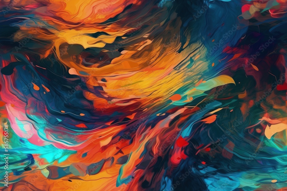 an abstract painting with vibrant colors against a black background. Generative AI