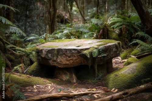 serene moss-covered bench in a lush forest setting. Generative AI