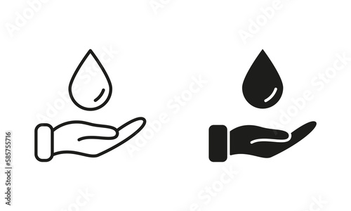 Water Drop with Hand Silhouette and Line Icon Set. Charity, Care, Save Ecology, Volunteering, Donate Symbol Collection. Save Water and Help for Poor and Homeless Icon. Isolated Vector Illustration