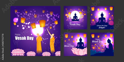 Vector illustration of Happy Vesak Day social media story feed set mockup template