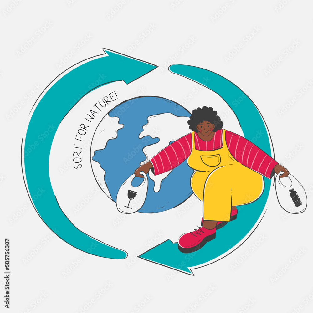 Naklejka premium Woman Riding on Recycling Logo with Tote Bag, Circumnavigating the Planet carries bags of glass and plastic for recycling