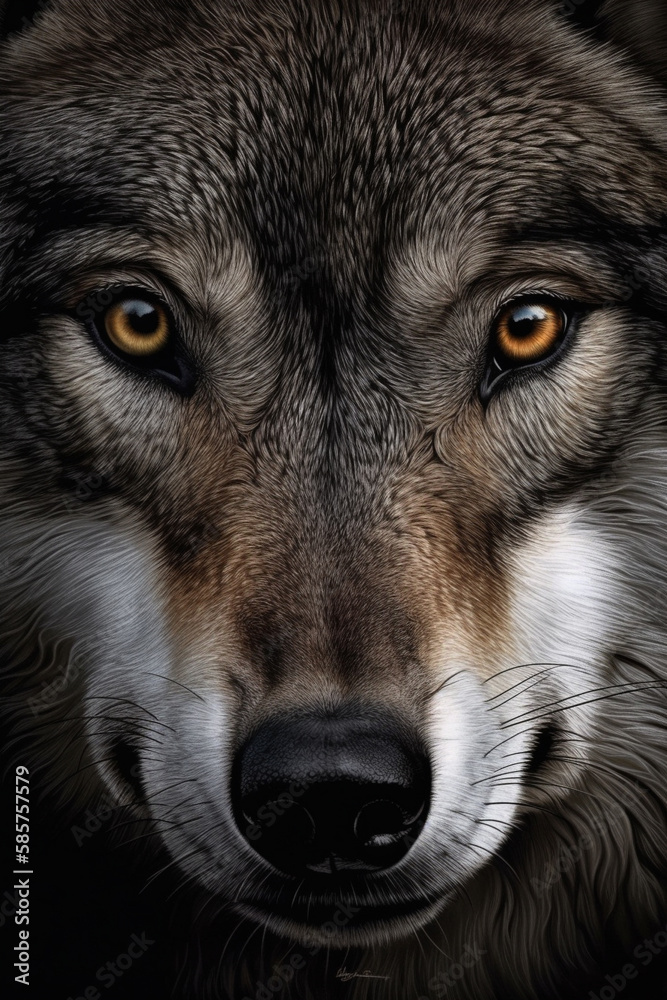 Fototapeta premium Portrait of a gray predatory wolf. AI generated