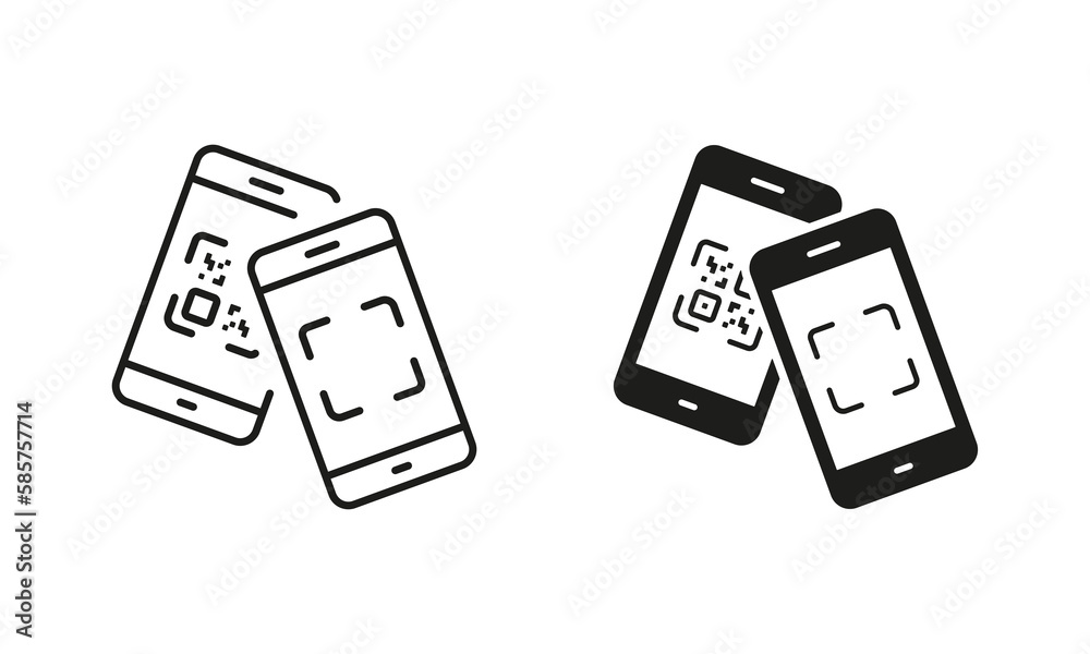 Scan QR Code on Smartphone Line and Silhouette Icon Set. Payment Scanner in  Mobile Phone Pictogram. Square Barcode App for Pay Symbol Collection on  White Background. Isolated Vector Illustration Stock Vector