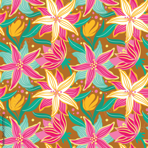 Exotic flowers, on yellow background. Seamless pattern. Vector.