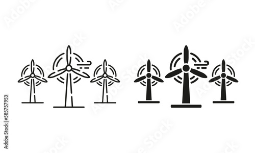 Windmill Line and Silhouette Icon Set. Eco Renewable Energy. Wind Mill Farm Electricity Power. Ecology Technology of Electric Industry Symbols on White Background. Isolated Vector Illustration