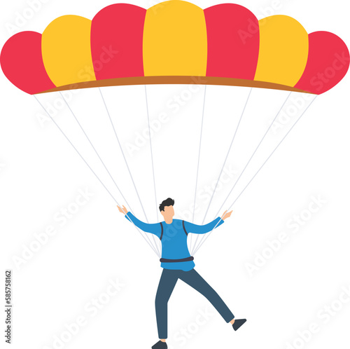 Male skydiver with parachute, Male skydiver landing with parachute illustration. Extreme sportsman enjoying parachuting illustration, dangerous hobby concept 