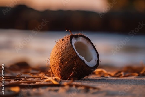 Coconut on the beach in the sunset macro zoom. Generative AI