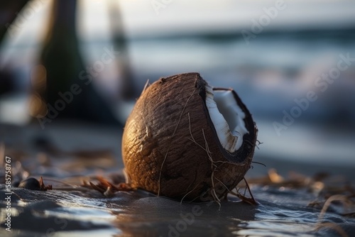 Coconut on the beach in the sunset macro zoom. Generative AI