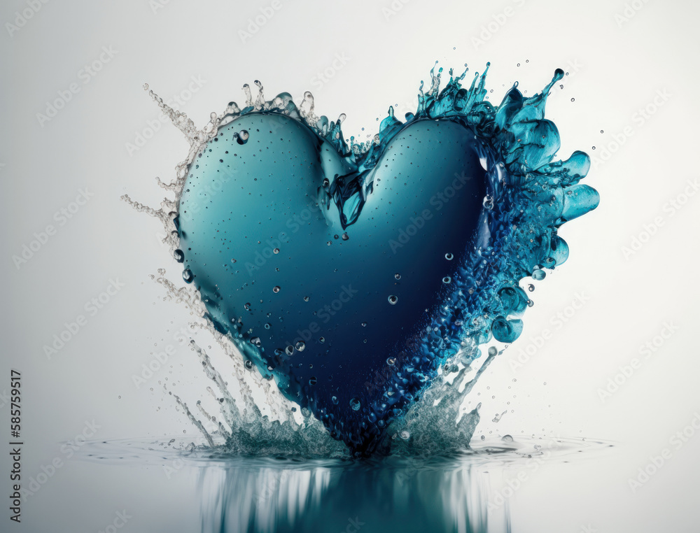 Heart made by blue transparent water background created with Generative AI technology