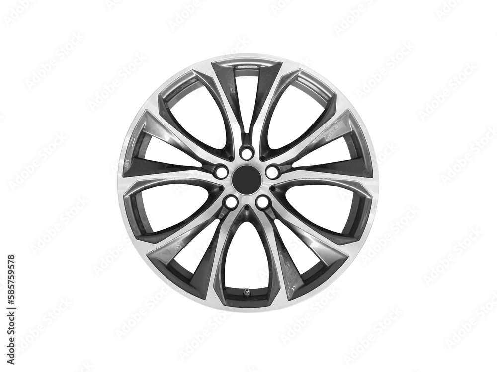 Car alloy wheel isolated on white background. New alloy wheel for a car on a white background. Alloy rim isolated. Car wheel disc..