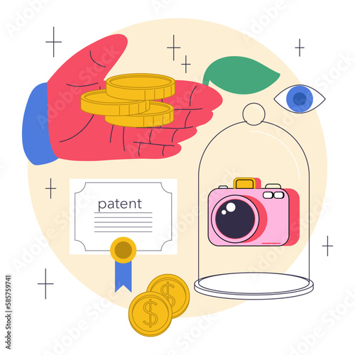 Passive income. Character making money by selling photos for stocks.