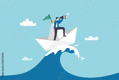 Vision to see opportunity, leadership to lead to success, search for challenge, look for goal, strategy to win business concept, businessman leader look through binocular on the ship in storm ocean.
