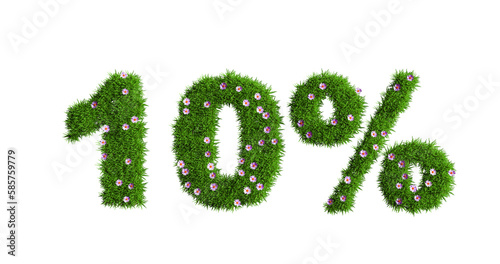 A 10 percent discount sign made of green grass and pink flowers isolated on a white background, a concept of discounts and promotions at sales, an element of spring and summer design, 3d rendering