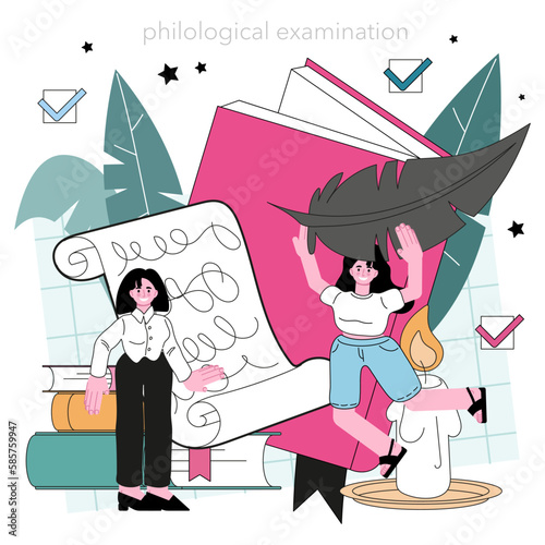 Philologist concept. Scientific study of language, its history and development