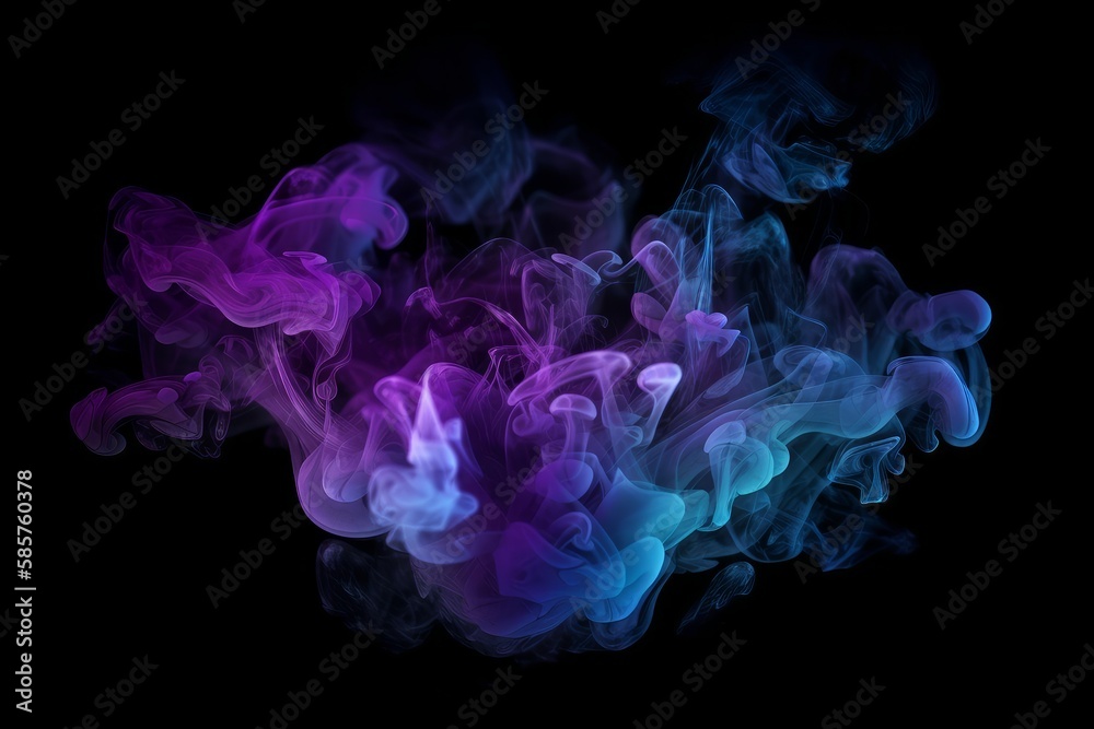Neon blue and purple multicolored smoke puff cloud design elements on a dark background. Created with generative technology. Generative ai Neon blue and purple multicolored smoke puff cloud design elements on a dark background. Created with generative technology. Generative ai