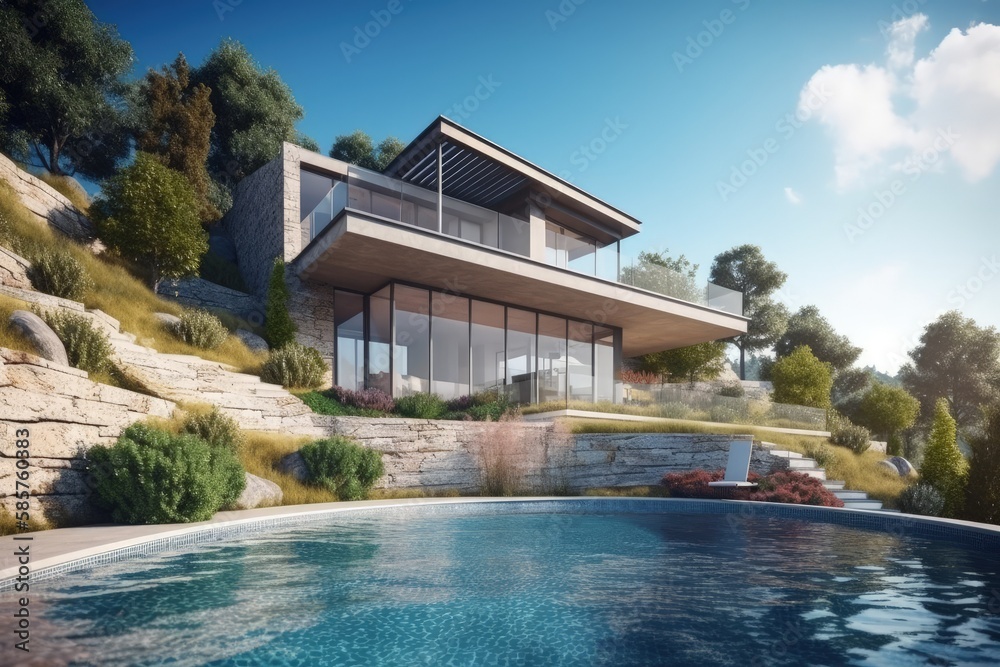 modern house perched atop a hill with a stunning view of a pool and surrounding landscape. Generative AI