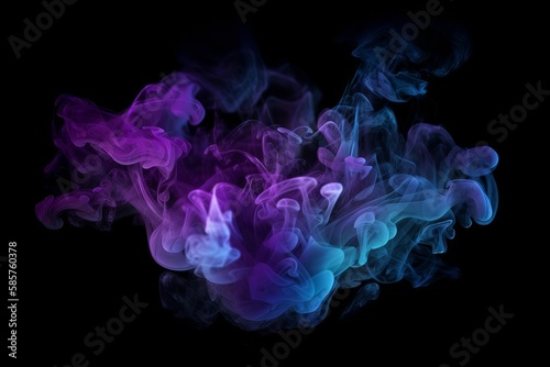 Neon blue and purple multicolored smoke puff cloud design elements on a dark background. Created with generative technology. Generative ai