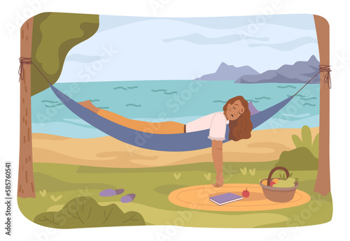 Female personage sleeping or taking nap in hammock. Woman with book and basket with fruits and meal for picnic. Flat cartoon character, vector illustration