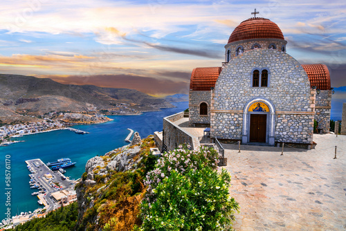 Amazing Greece - beautiful Kalymnos island, Dodecanese. view of scenic Pothia town and agios Savvas monastery