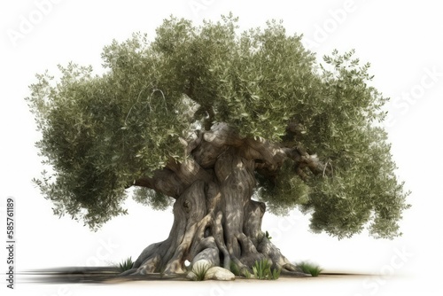 an ancient olive tree isolated on a white background. Generative AI