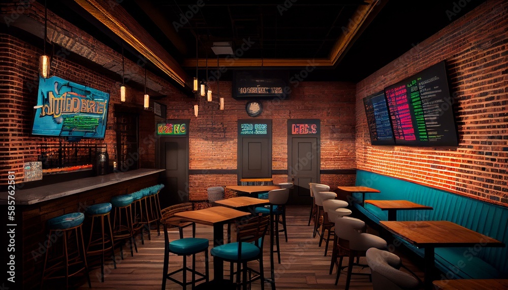 A lively sports bar with neon signage, high-top tables, and a brick accent wall.