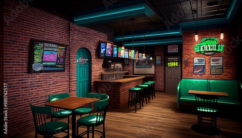 A lively sports bar with neon signage, high-top tables, and a brick accent wall." Generative AI © Maksym