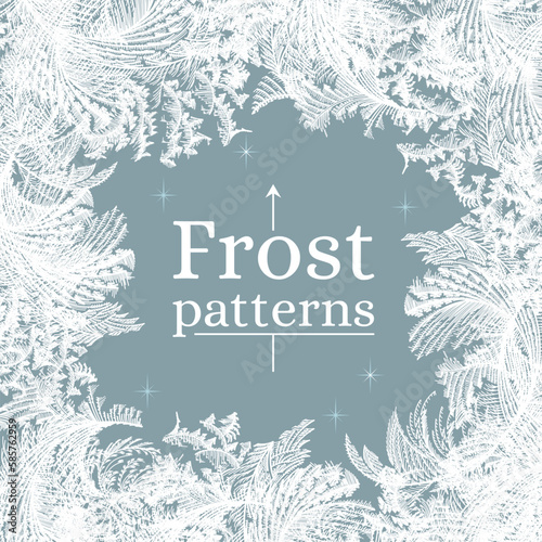 Frost ice window pattern, winter square design frame, fresh cool hand drawn complicated graphic background vector illustration