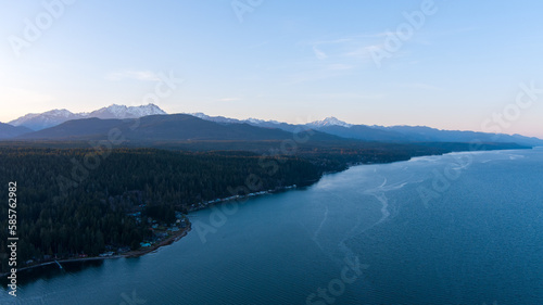Aerial view of the Puget Sound and the Olympic Mountains of Washington State at sunset