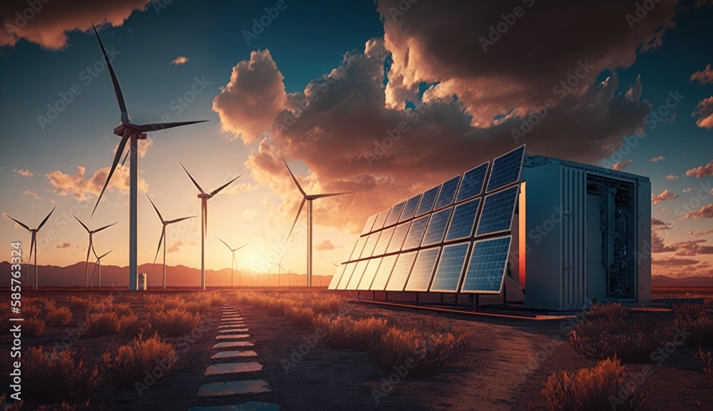 solar power plant with wind turbines at sunset under a blue sky. Power ...