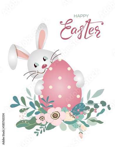 Happy Easter bunny banner with rabbit, egg and hand drawn lettering text. Cute hare in flowers and leaves on white background. For greeting cards, banners, invitation. Vector illustration.