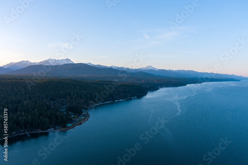 Aerial view of the Puget Sound and the Olympic Mountains of Washington State at sunset