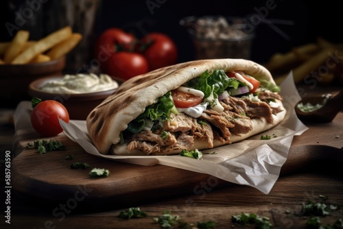 Greek gyros wrapped in pita breads on a wooden table, shawarma sandwich, generative ai 