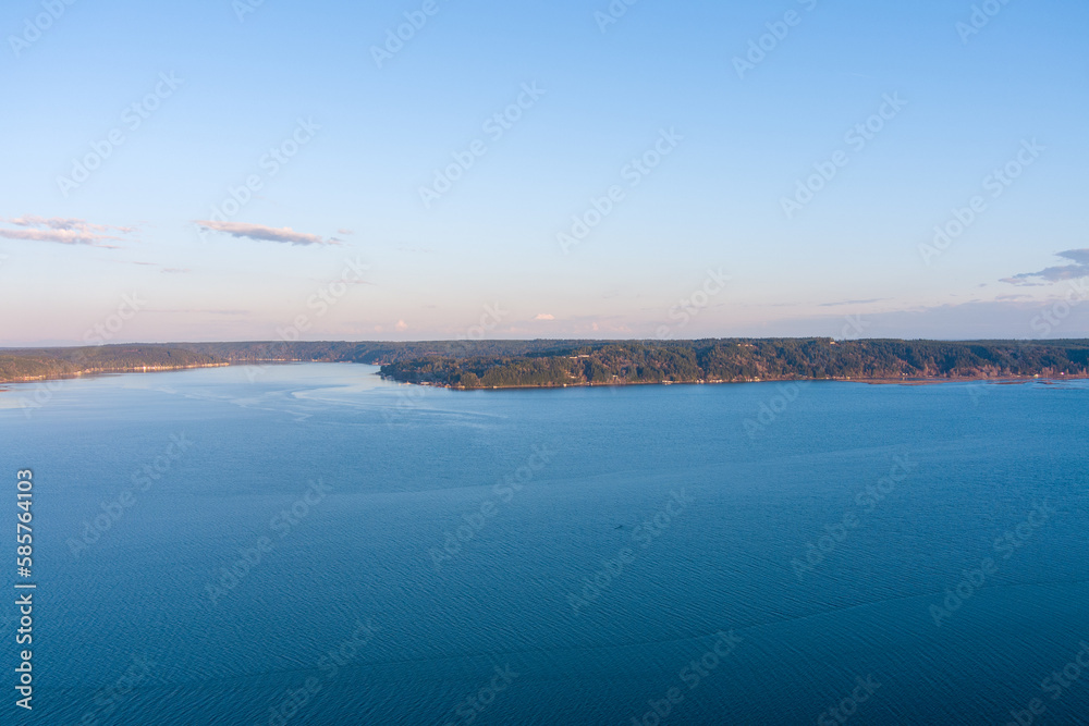 Aerial view of Annas Bay of the Puget Sound at sunset in Potlatch, Washington