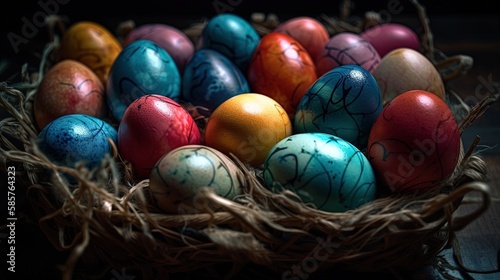 The Easter egg image features dynamic colorful  eggs in an abstract background. Pastel hues, soft lighting, reflective surfaces, subtle textures, and high resolution make this hyper-detailed image.