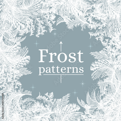Frost ice window pattern, winter square design frame, fresh cool hand drawn complicated graphic background illustration