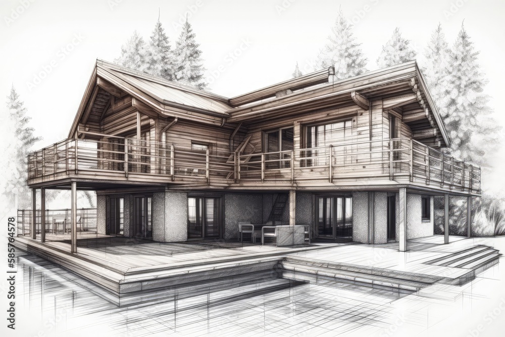 residential house with a wooden deck and staircase. Generative AI residential house with a wooden deck and staircase. Generative AI