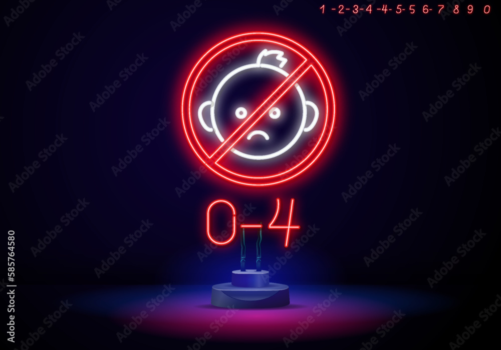 Neon sign of age limit 6, 12, 14,16,18 and 21 plus on a transparent